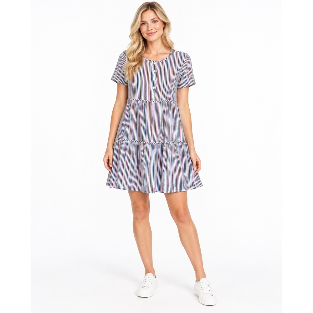 Madewell Tiered Mini Dress Women Small Multi-Color Stripe Button FroNT